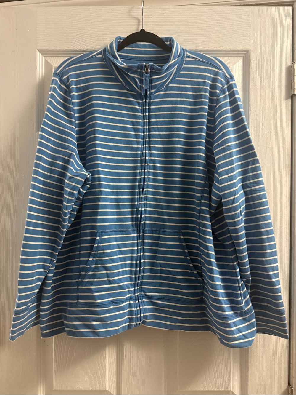 LL Bean Blue White Striped Full Zip Jersey Active Jacket Pockets